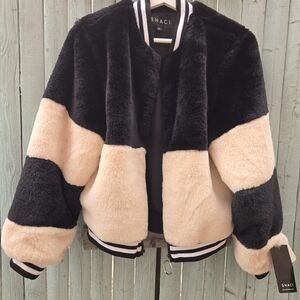 SHACI Faux Fur Colorblock Bomber Jacket | Black Beige Varsity Trim